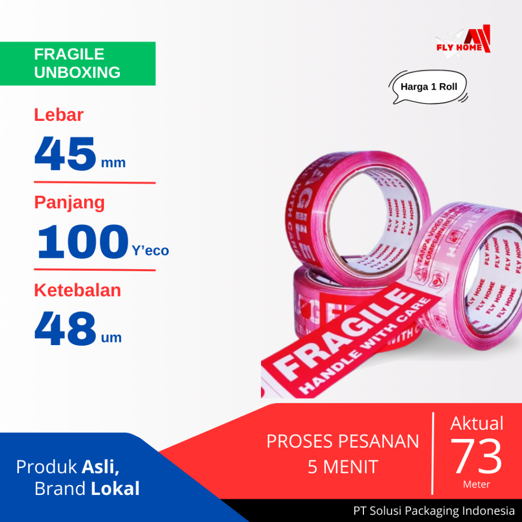 

FLYHOME Lakban Fragile unboxing merah 100yard 2inci 45x100 yard printing segel vidio unboxing