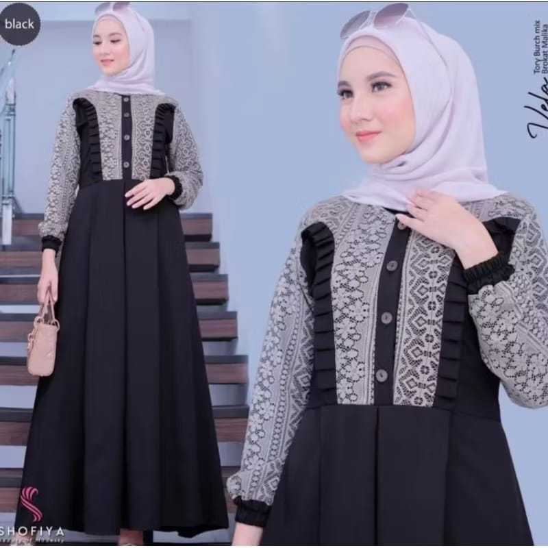 Gamis Cringkle Airflow Polos Kombinasi Renda Brokat Terbaru