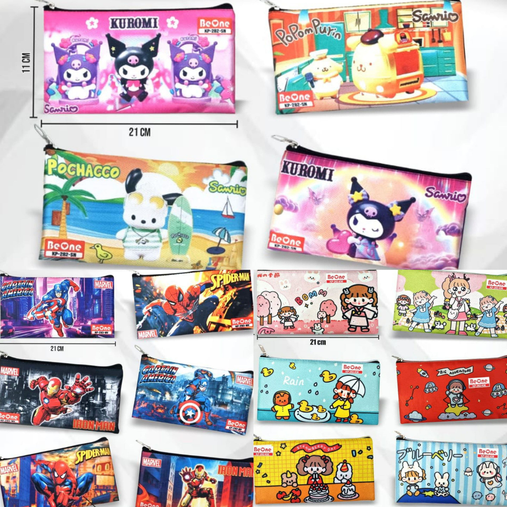 

[1 Lusin/ 12 Pcs] Tempat Pensil Kotak Pensil Kain + Resleting BE ONE Motif Anak Perempuan / Cowok Sanrio Superhero Doll Momo