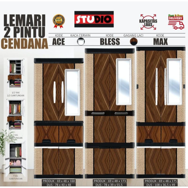 lemari Studio 2 Pintu Cendana Ace/ Bless/ Max Kaca
