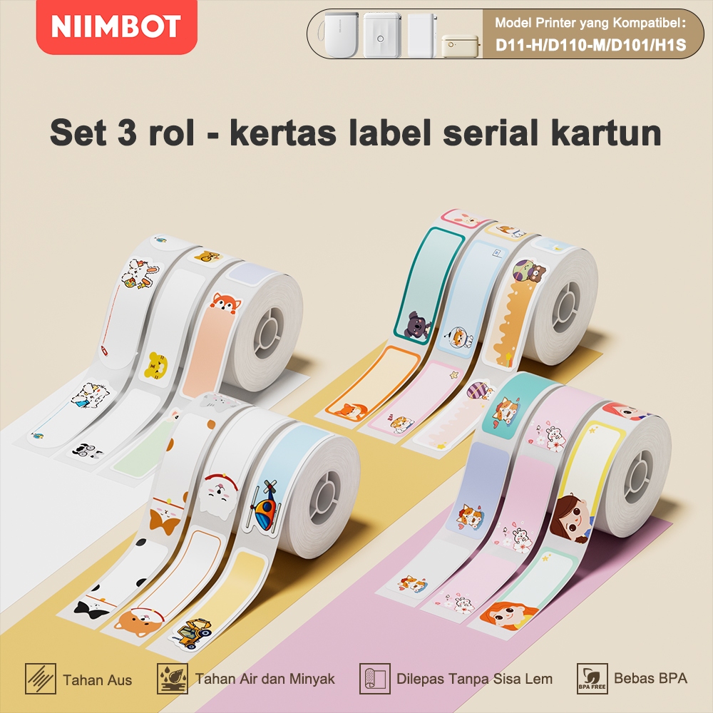 

【3 Gulungan】NIIMBOT D11/D110/D101 Stiker Nama Kartun, Stiker Label Klasifikasi Berwarna Lucu