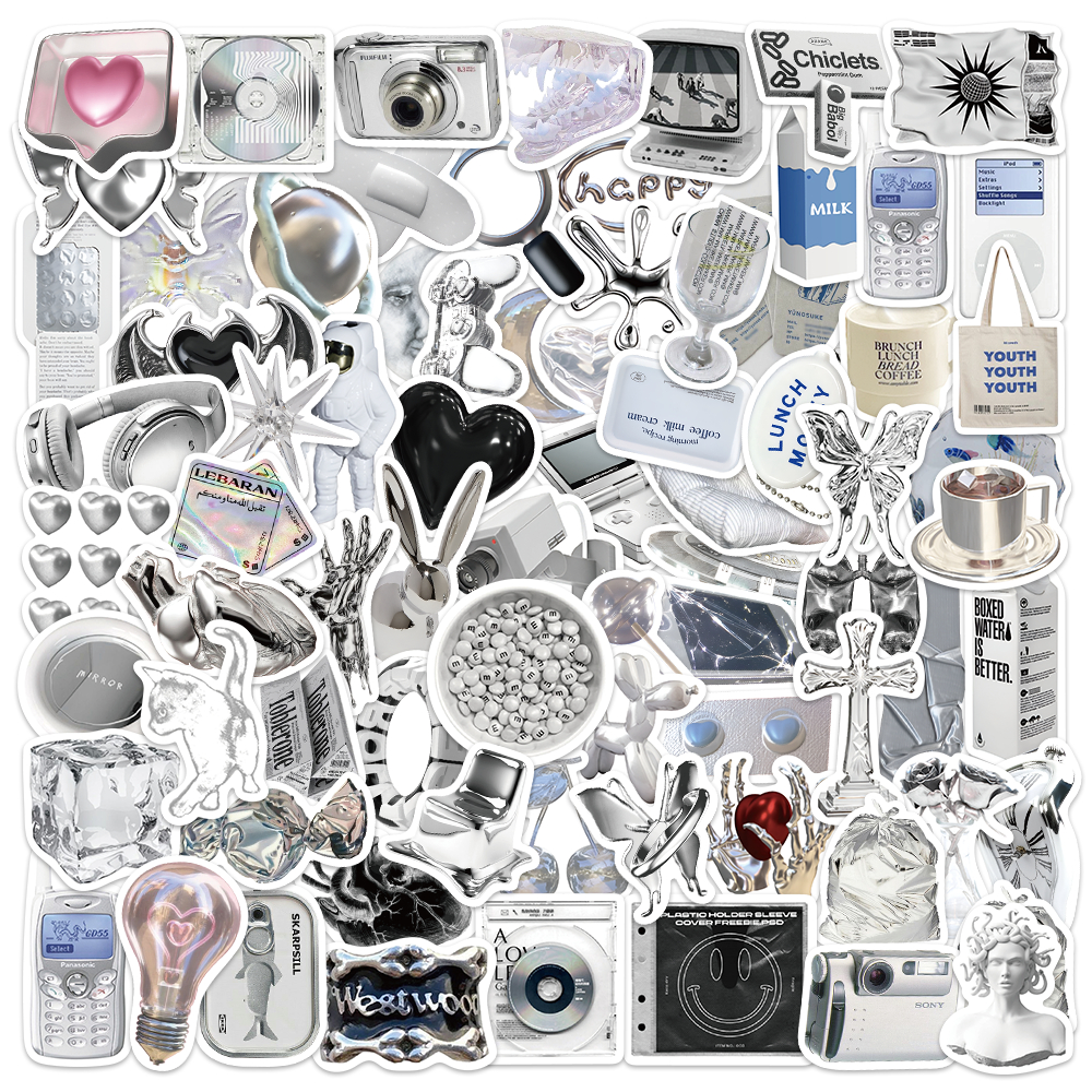 

66PCS perak ins Stiker Anti Air Adhesive Waterproof Sticker Suitable for laptop skateboards and mobile phone decorations stickers