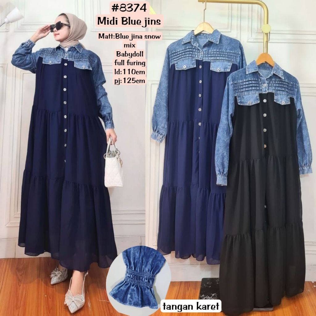 Dress Midi Babydoll Denim Kombinasi – Blue Jeans Snow Elegan Full Furing