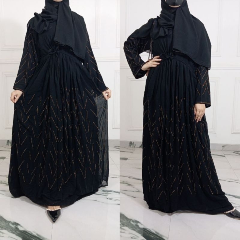 Gamis Mata Swaroski Abaya Hitam Jetblack Saudi Maxy Dress Baju Wanita Murah Fashion Muslim Pakaian W