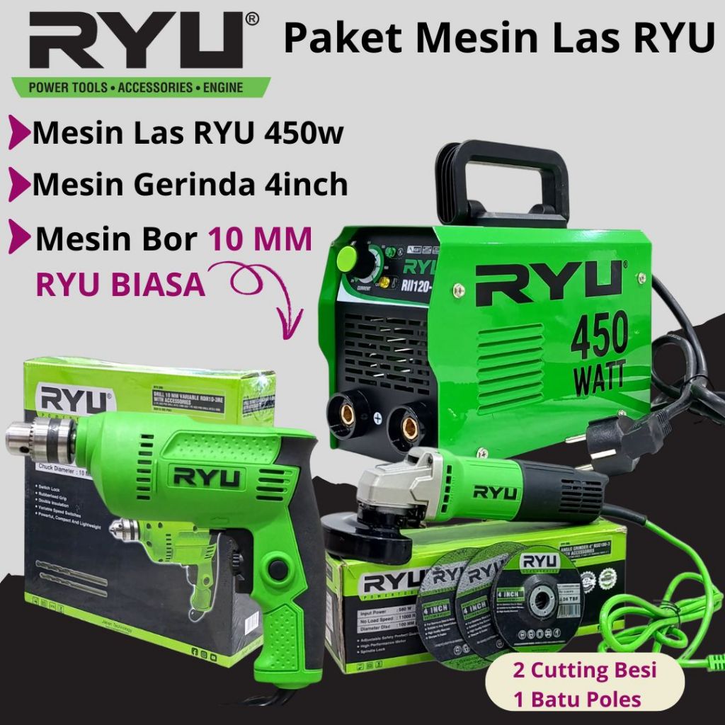 PAKET LENGKAP RYU Mesin Las 450 Watt 120a Bor Koper Gerinda Tangan 4 inch Mesin Trafo Travo Las