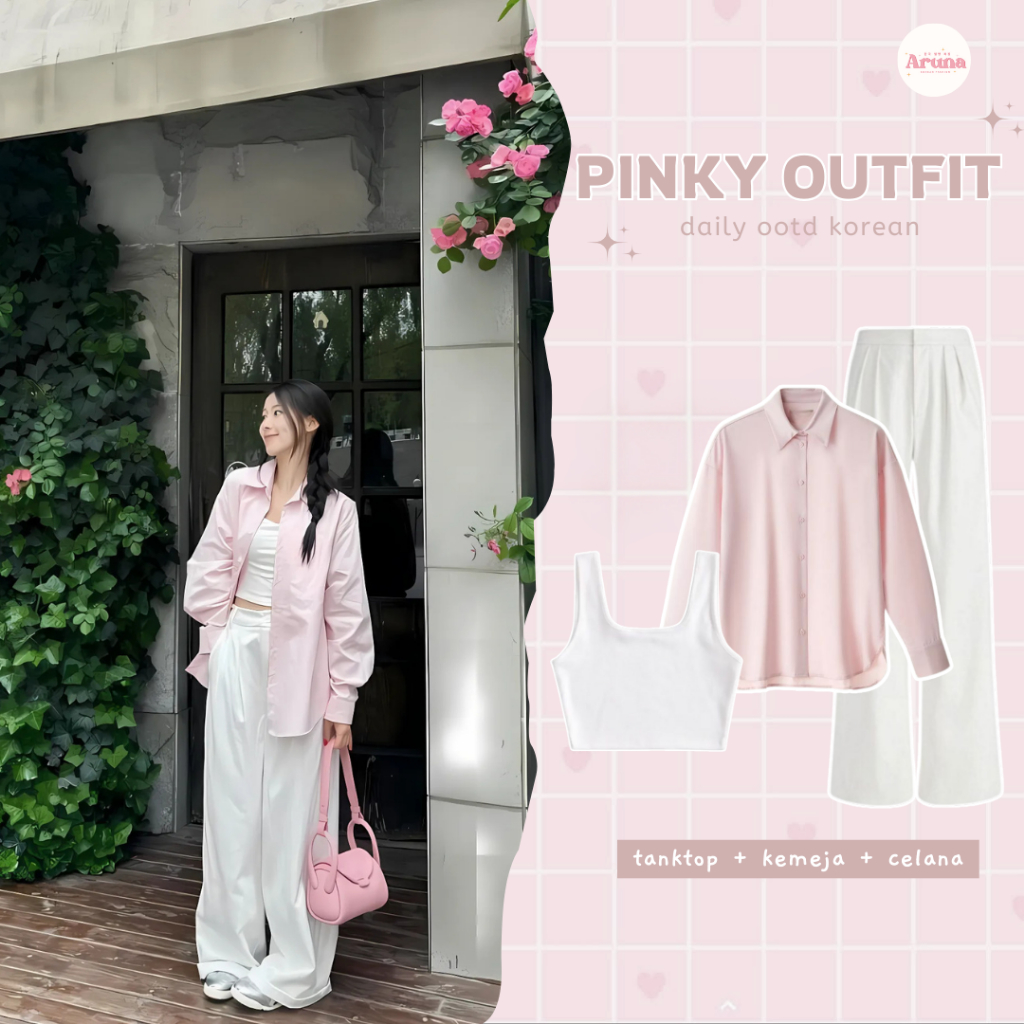 aruna - One Set Korean Style (Tanktop, Kemeja, Celana) Outfit Korean OOTD Ulzzang Kekinian Set AA406
