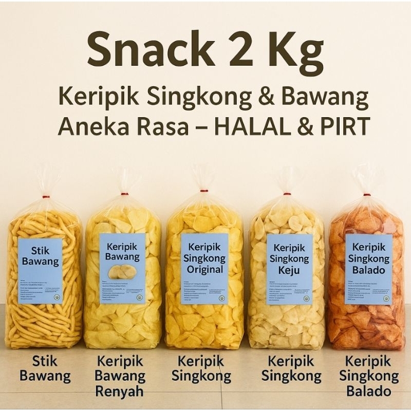 

Aneka Keripik Singkong Original | Keju | Balado | Keripik Bawang | Stik Bawang | 2 Kg HALAL | PIRT