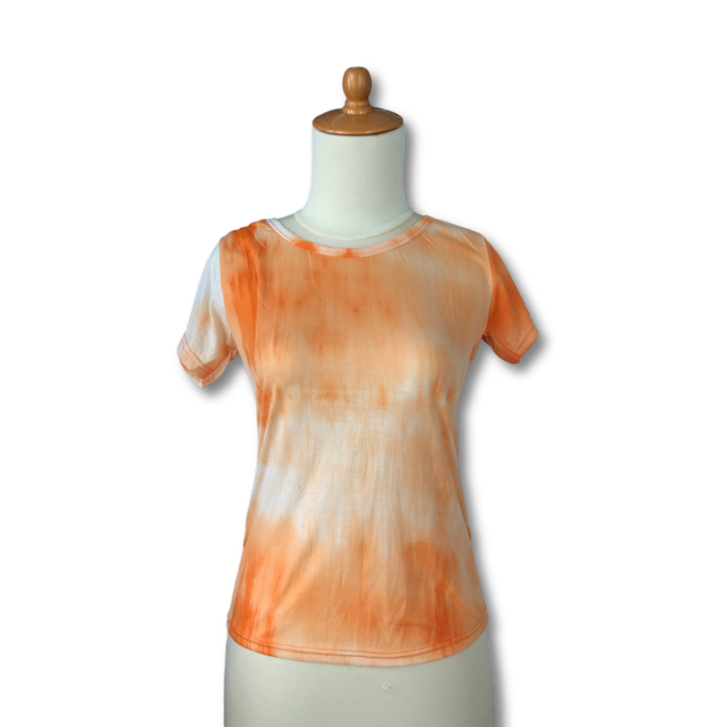 Atasan Wanita Lengan Pendek Baju Kaos Motif Tie Dye Orange Putih, Fashion OOTD Wanita Kekinian