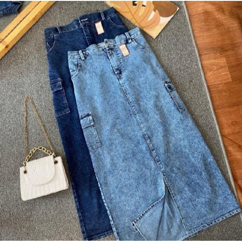 ROK JINS CARGO WANITA BELAH MAXI SKIRT ROK JEANS DENIM PANJANG KEKINIAN TERBARU ROK KARGO HIGHWAIST