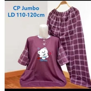 baju tidur wanita bahan kaos twbal ukuran jumbo celana panjang LD 110-120