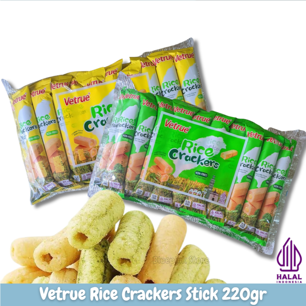 

Vetrue Rice Crackers Stick 220gr Non Fried Cheese & Vegetable / Vetrue Crackers 2 Varian Rasa Keju & Sayuran