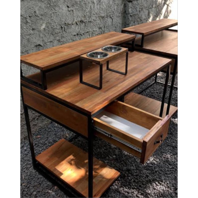 MEJA KERJA INDUSTRIAL JATI OFFICE MEJA KERJA KAYU JATI SOLID METAL