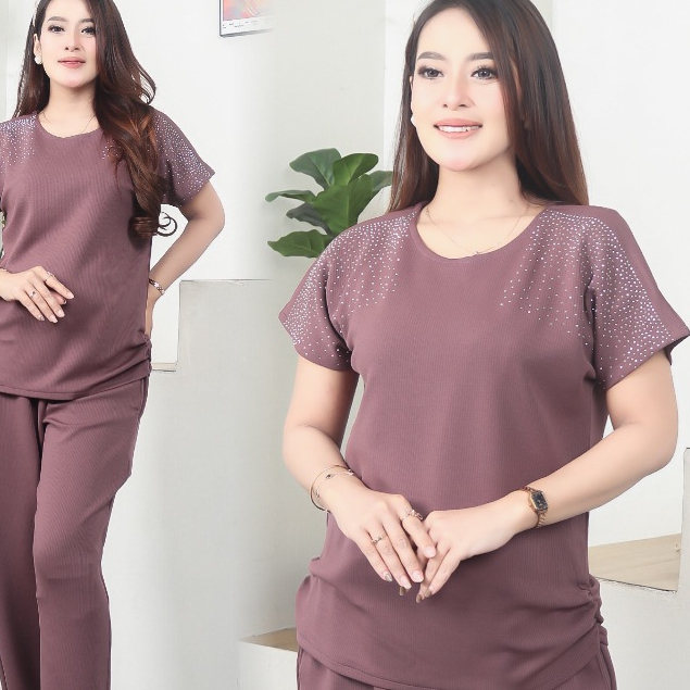 Setelan Wanita Knit Premium -Al arsy One Set Knit Rib - Baju Set Celana Warna Taro Outfit