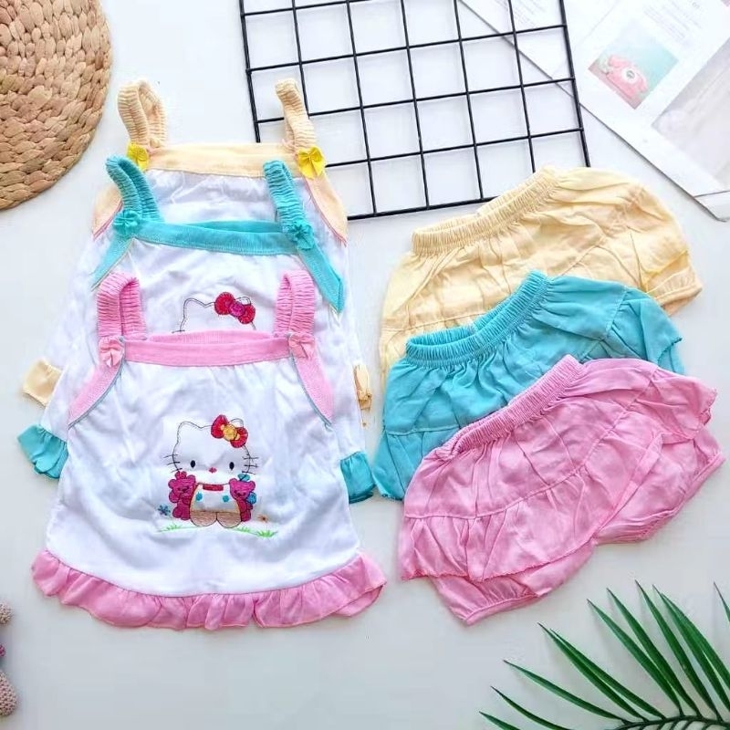 termurah  (( 3pcs )) setelan dres karet kutung renda rempel dasar putih ya moms 0-12 bulan