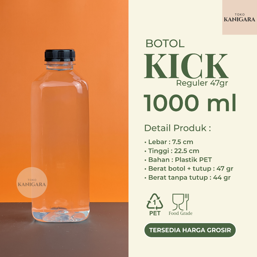 Botol Kick 1 Liter REGULER - Botol Plastik Kotak 1000ml GROSIR - Botol Kemasan Minuman Kopi, Susu