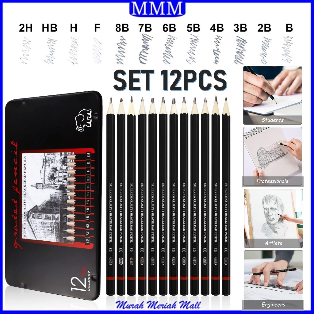 

MMM Set 12pcs Pensil Gambar Sketsa Set Lengkap 2H H F B HB 2B 3B 4B 5B 6B 7B 8B Charcoal Pencils Set Perlengkapan Lukis 12IN1