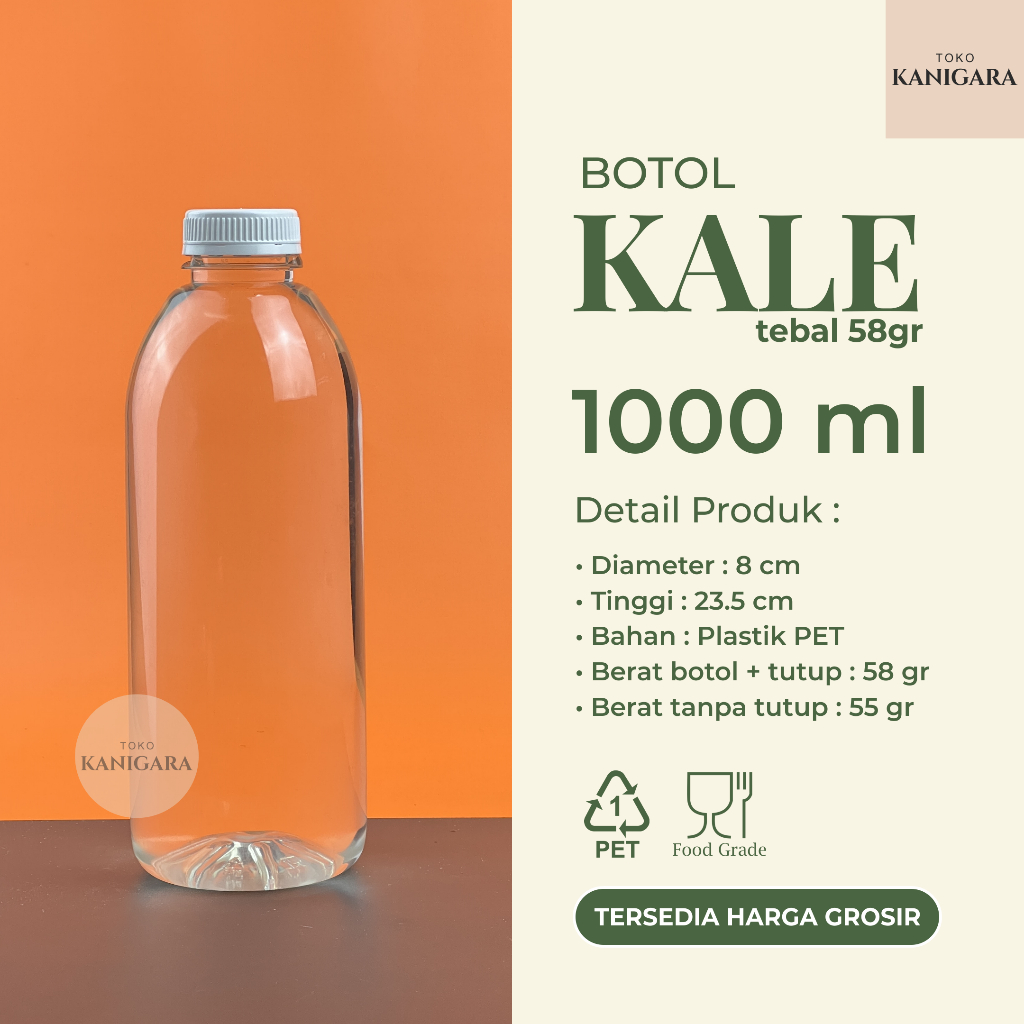 Botol Kale 1 Liter TEBAL 58gr - Botol Plastik Kale 1000 ml GROSIR - Botol Kemasan Kopi, Susu, Teh