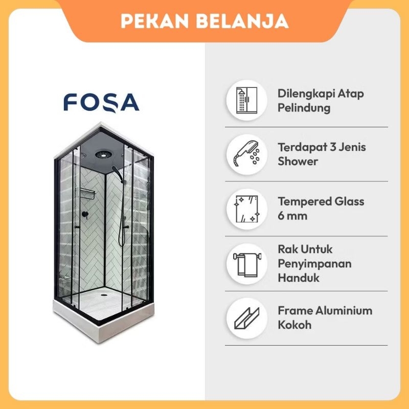 AZKO Fosa Shower Box Full Set 6mm Tempered Glass JN-F607 | Bilik Mandi Kabin Modern Anti Air Kamar M