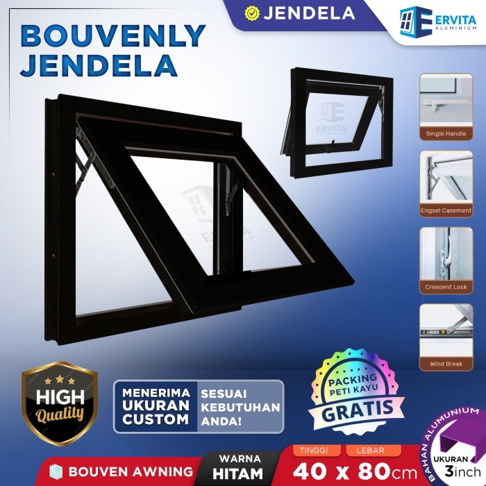Kusen Jendela Aluminium - Bouvenly Awning - Ukuran 40 x 80 cm - Hitam