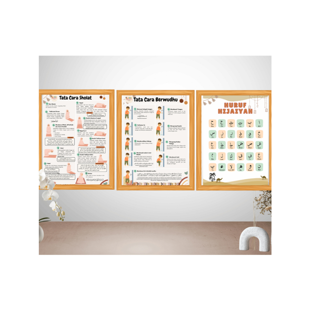 Poster Edukasi Islami: tata Cara Sholat & Wudhu, poster huruf Hijaiyah