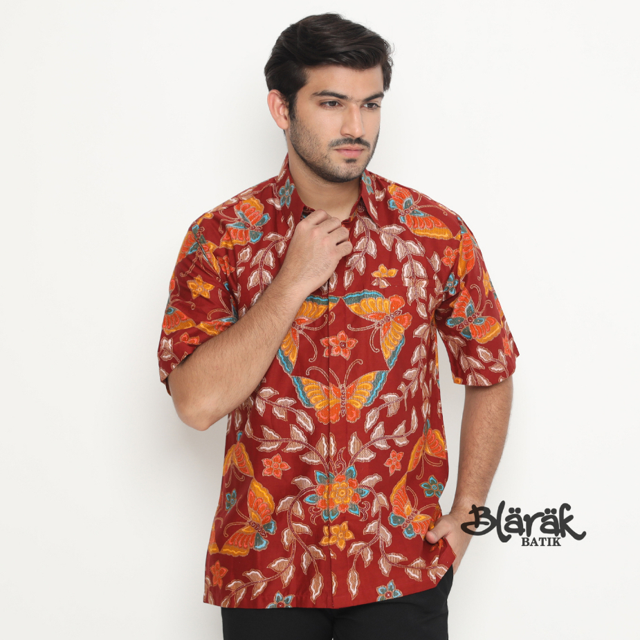 Kemeja Baju Batik Pria Lengan Pendek Lapis Trikot Reguler Fit Kupu Tiga Merah - Batik Blarak