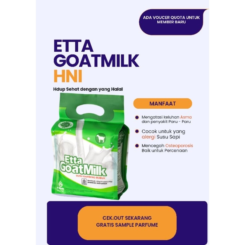 

Susu Bubuk Susu Kambing Ettawa Etta Goat Milk Produk Halal Network Indonesia HNI Produk Kesehatan Herbal Bebas Kimia dan Baik untuk Penderita Sesak Napas dan Penyakit Paru-Paru. Terapi Nyeri Sendi dan Tulang