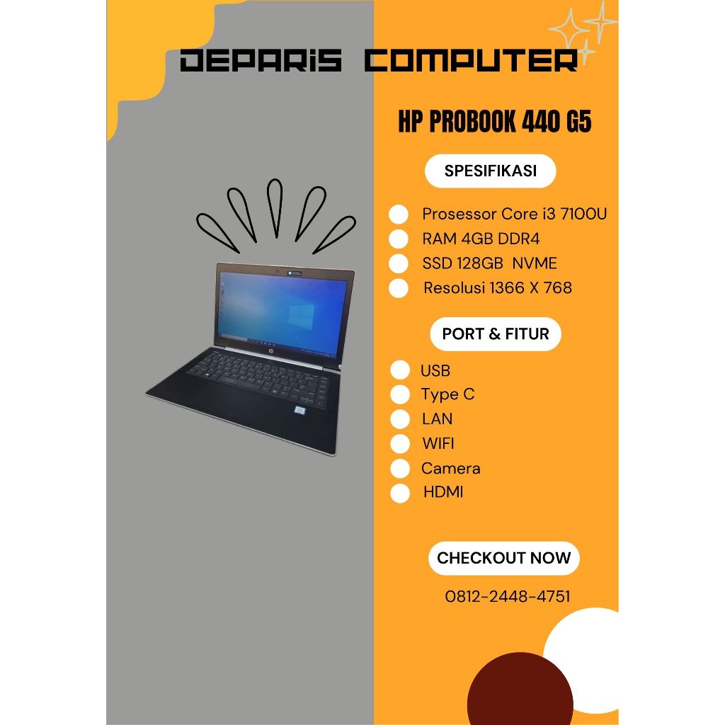 Laptop HP ProBook 440 G5 || Core i3-7100 RAM 4GB SSD 128GB SATA