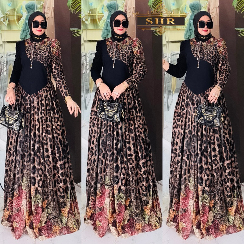 “BY SHR ORI NEW” READY MAX DRESS LANGSING LEOPARD BRUKAT RAJUT BY SHR ORI SIAP KIRIM