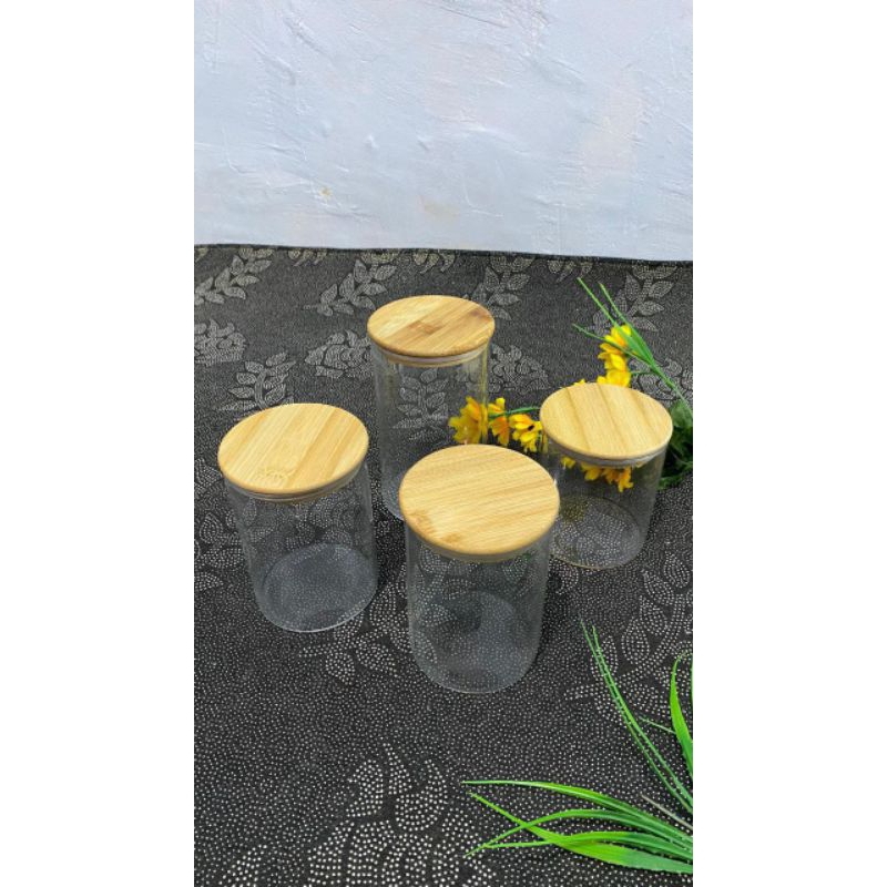 Canister Set Bamboo Toples Kaca Tutup Kayu
