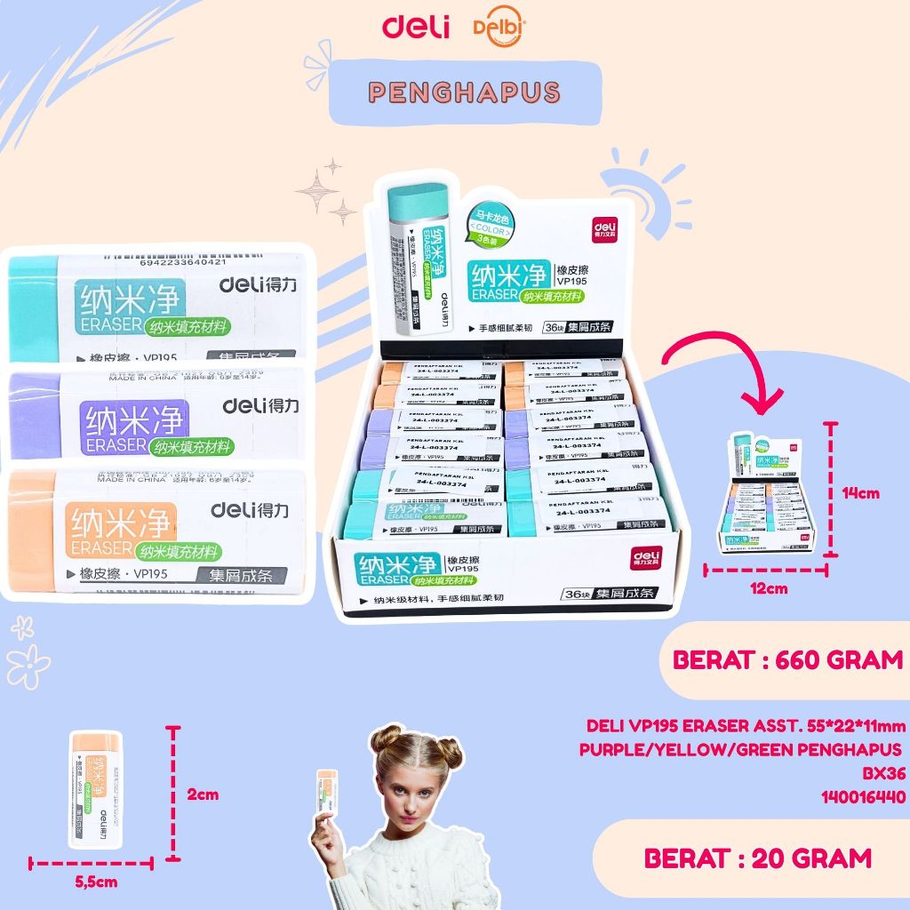 

DELI VP195 ERASER ASST. 55*22*11mm PURPLE/YELLOW/GREEN PENGHAPUS