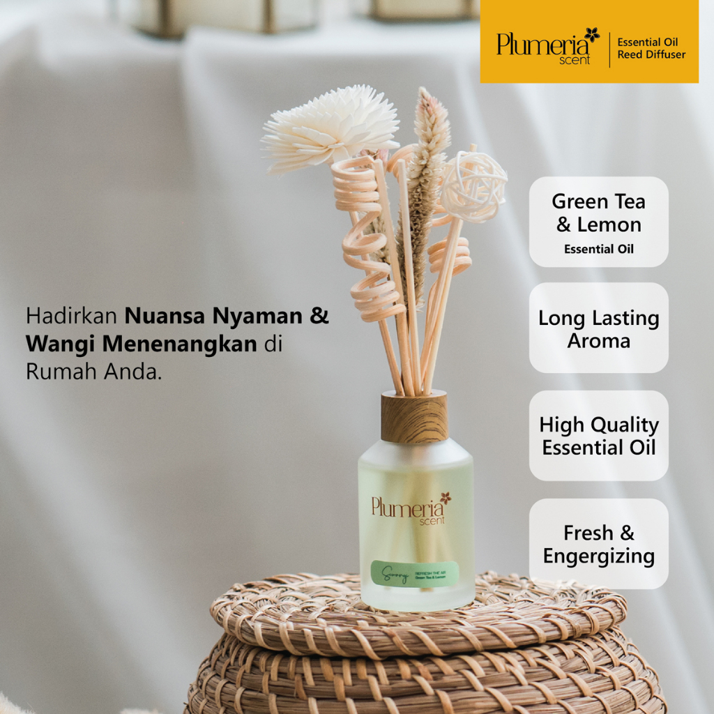 Plumeria Scent Essential Oil Reed Diffuser - Sewangi (Green Tea & Lemon) - Pengharum Ruangan