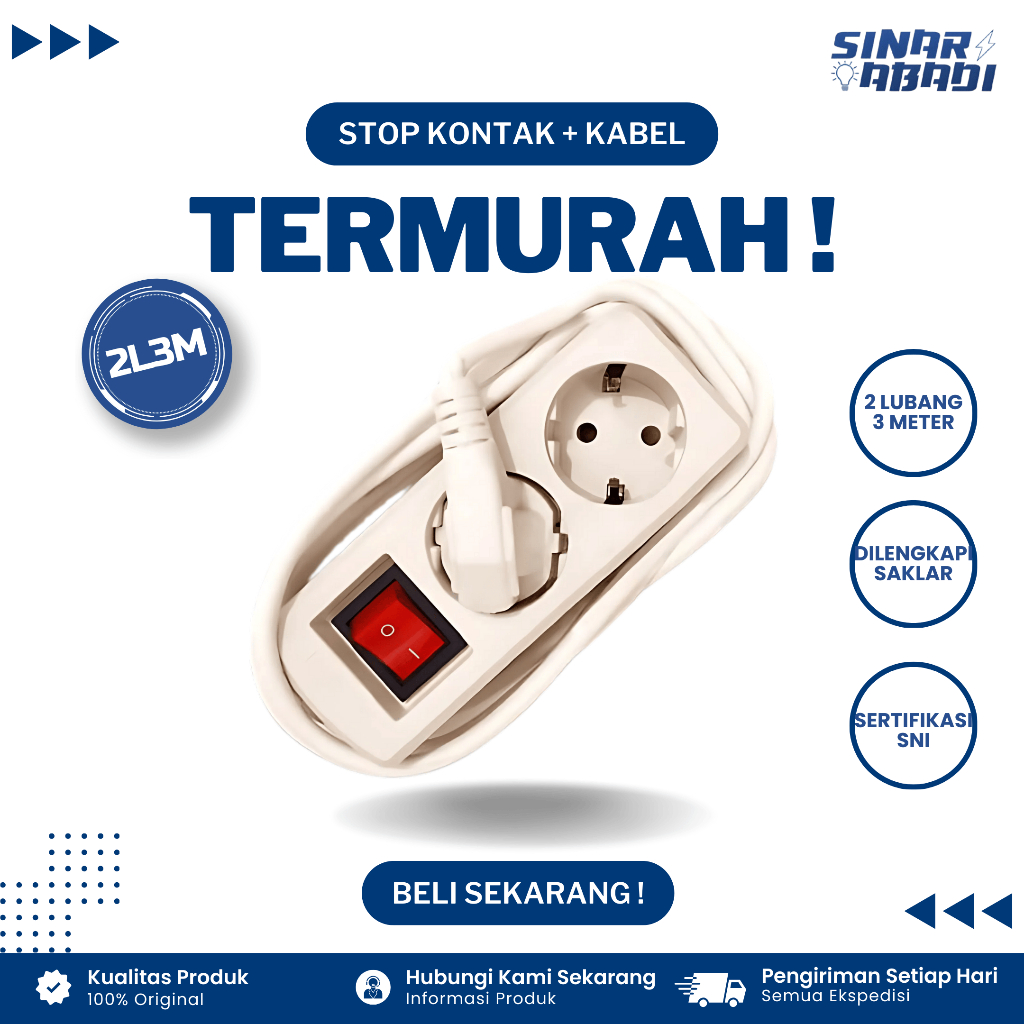 Stop Kontak + Kabel 2 Lubang 3 Meter