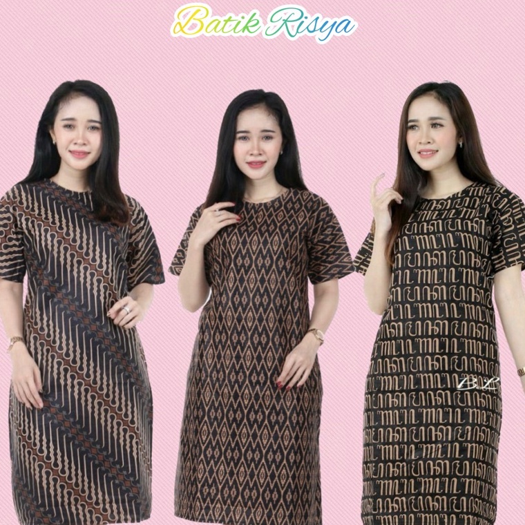 BAJU SIZE JUMBO DRESS BATIK WANITA JUMBO XXXXL  4L LENGAN PENDEK MOTIF AKSARA JAWA HITAM KODE F8N4