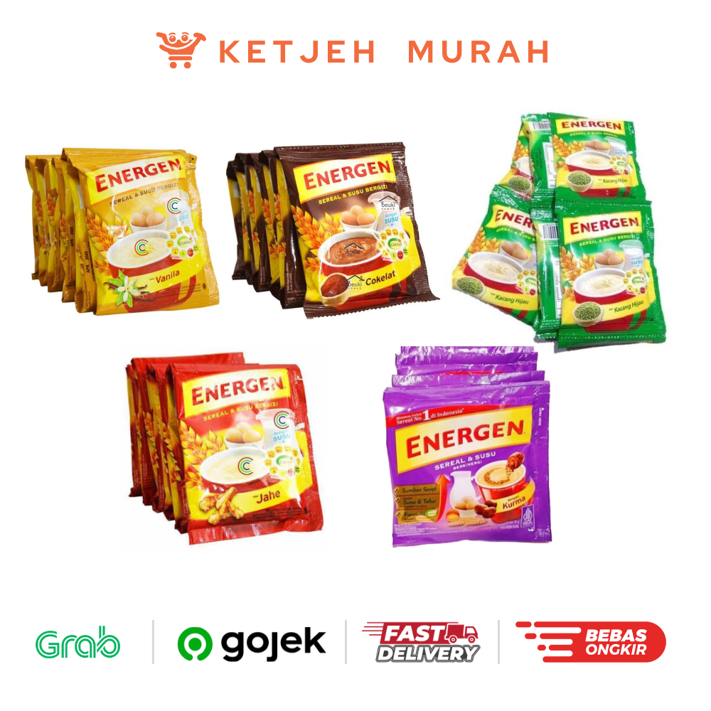 

Energen Coklat / Vanilla / Kacang Hijau / Jahe / Kurma 1 Renteng isi 10 Sachet