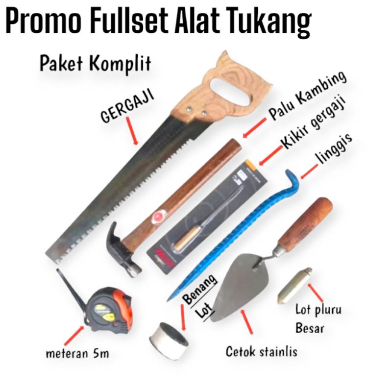 Termurah Paket Komplit Pertukangan - Gergaji Palu Kikir Linggis Palu benang lot Meteran Cetok - Pake