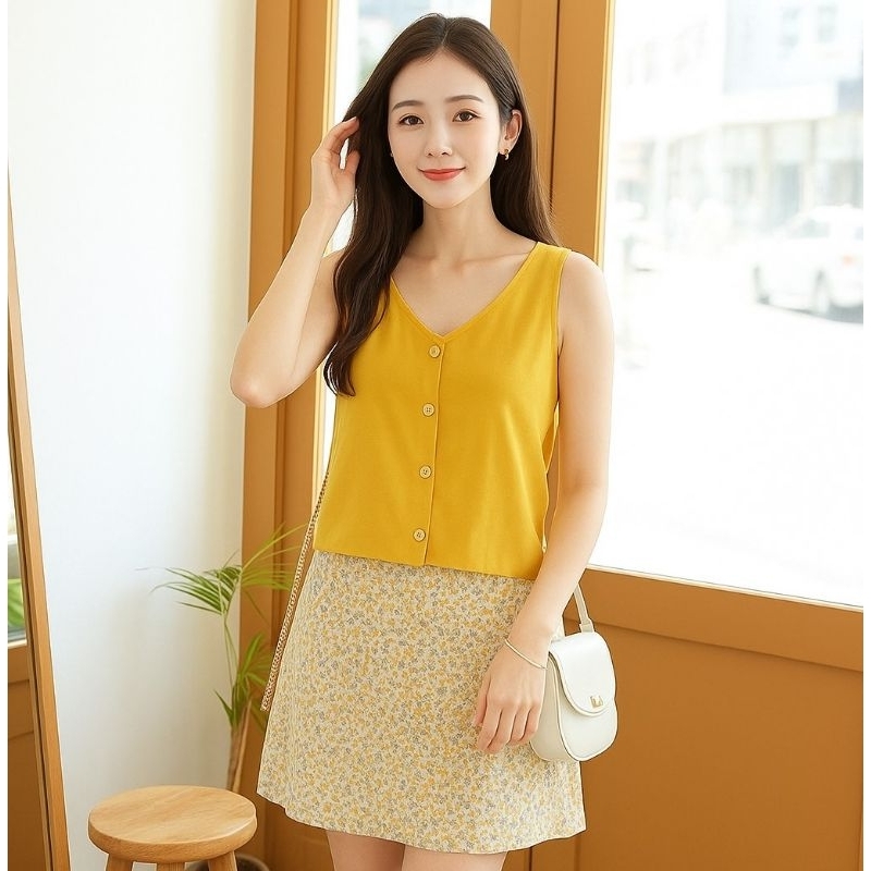 Tank Top Wanita Kancing Depan Atasan Tanpa Lengan Import Bangkok | Baju Wanita Casual