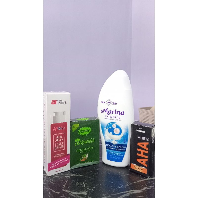 PAKET PERAWATAN KULIT TUBUH LENGKAP – RED JELLY TONER, PYARY HERBAL SOAP, MARINA UV WHITE LOTION, AH
