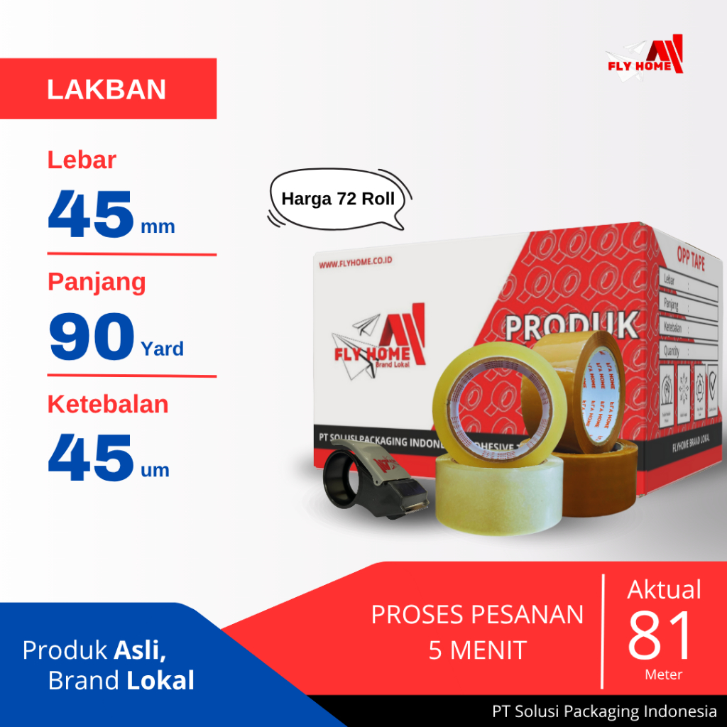 

FLYHOME Lakban bening coklat 90yard 81METER 2inci 45x90 yard 1 dus - 72Rolls jumbo CARGO