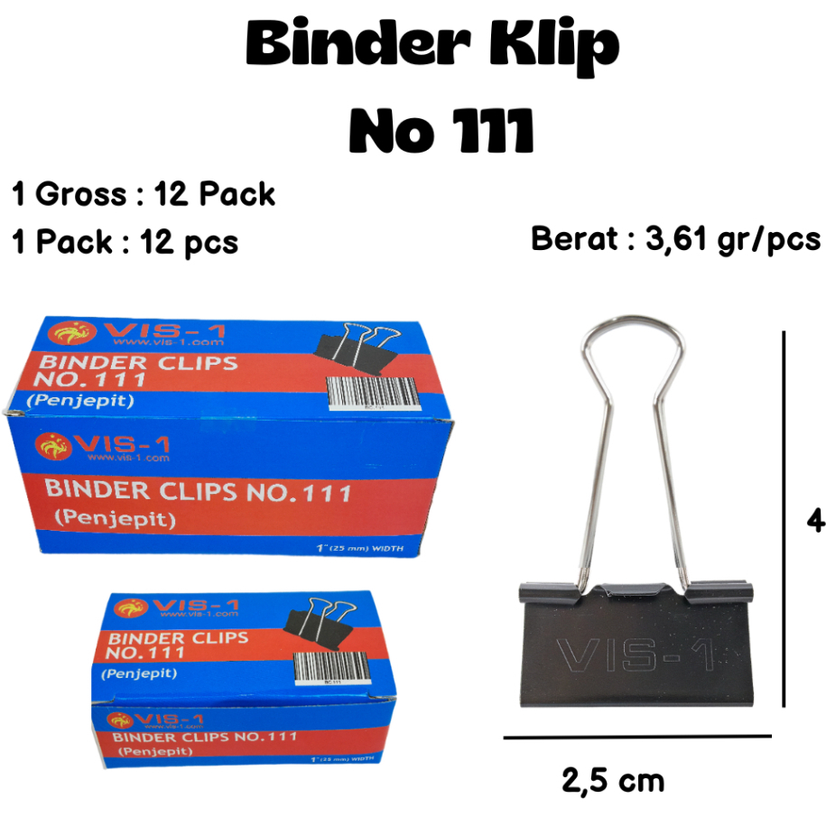 

Binder Clip No. 111 VIS-1 Klip Penjepit Kertas 1 Pack Isi 12 Pcs