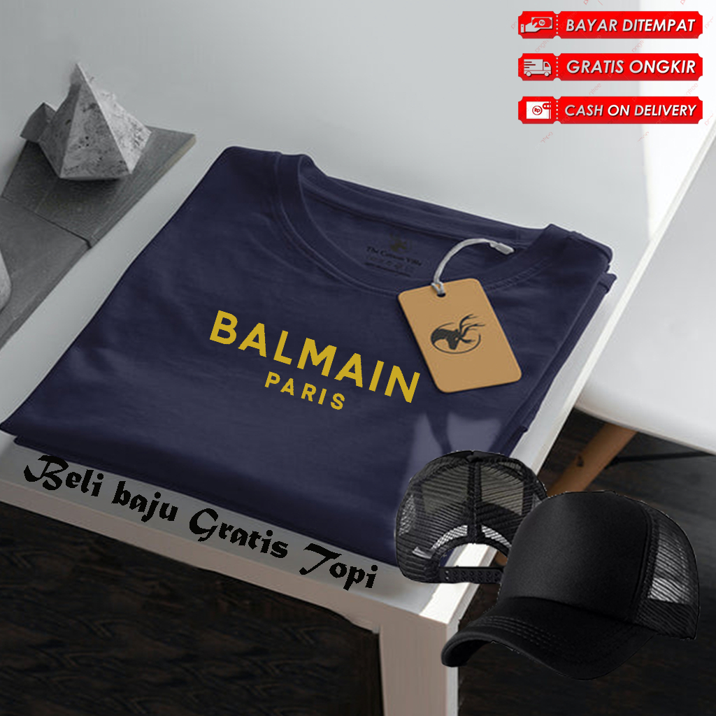 Bonus Topi Polos ... Baju Kaos Distro Logo Balmain Text Gold Lengan Pendek Premium Quality