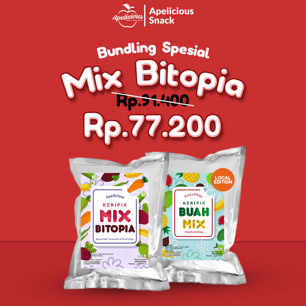 

Apelicious Bundling Spesial Keripik Mix Bitopia + Keripik Buah Mix Lokal 100gr - Food, Snack, Chips, Kripik