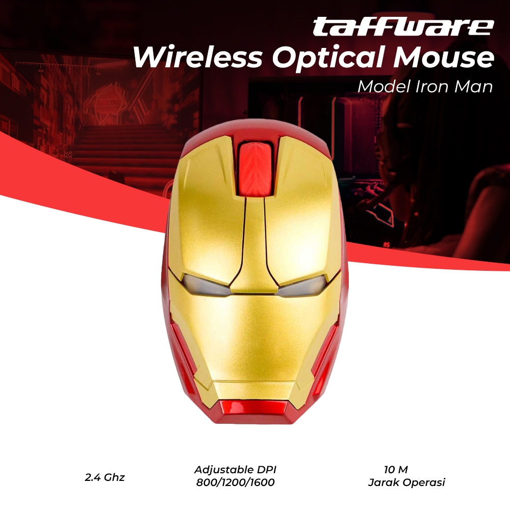 Taffware Mouse Wireless Optical 2.4 GHz Iron Man 1600DPI Mouse Gaming Mouse komputer Laptop Unik
