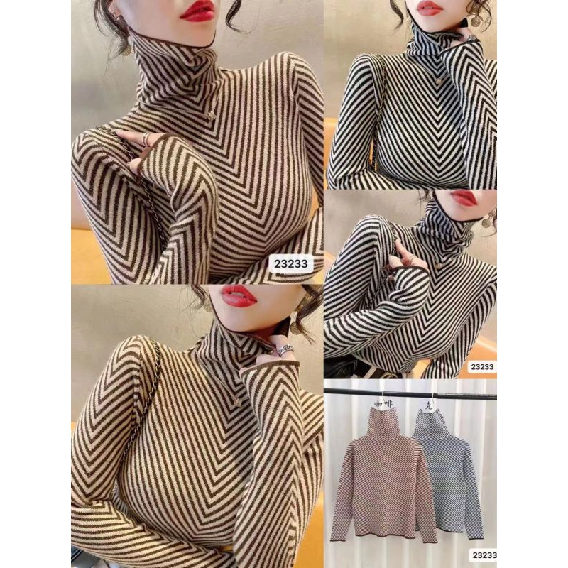 Atasan Rajut Tebal Motif Salur 23233 Rajut Premium Melar Import - Baju, Hitam, Katun, Top, Panjang, 