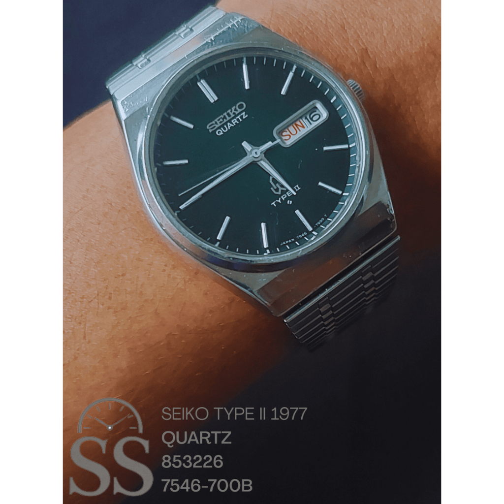 Jam Tangan Vintage Seiko Type II Quartz Dial Hijau Tua 1977 Second Bekas Original Murah