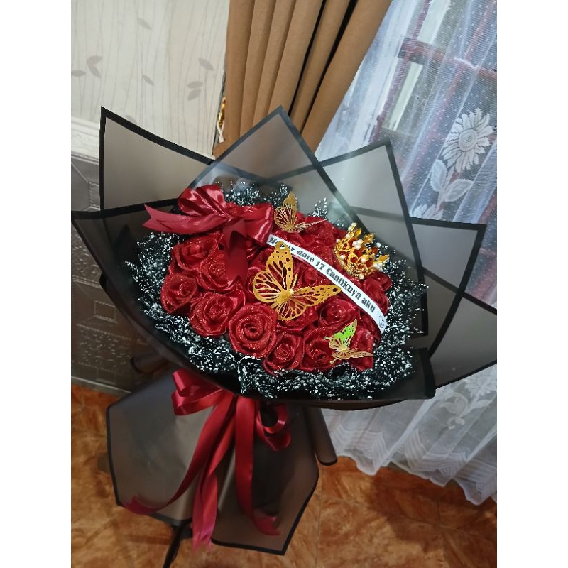 

BUKET BUNGA PITA SATIN GLITTER 30 TANGKAI + HIAS PITA BACAAN + lampu