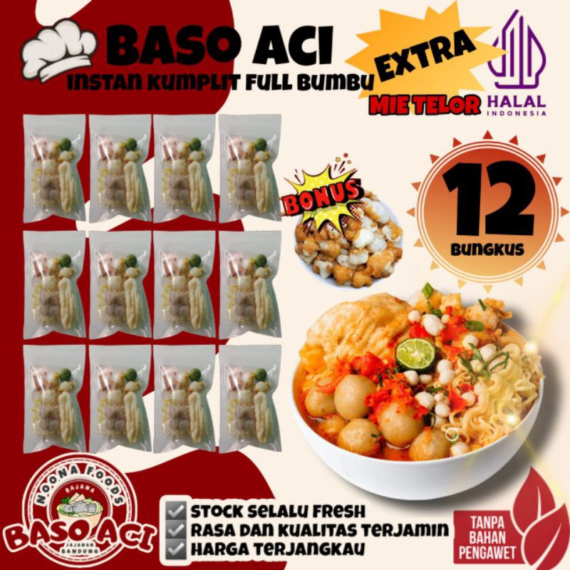 

[ PAKET MURAH 12 BUNGKUS + BONUS 1 BUNGKUS SIOMAY KERING ] Baso Aci Instan Khas Bandung Komplit Full Bumbu Pedas EXTRA Mie Telor / Baci Kuah /Bakso olahan / Boci Homemade - Makanan Cemilan Viral