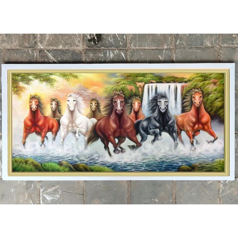 hiasan dinding lukisan cetak kuda 8 lari plus bingkai ukuran 95*50