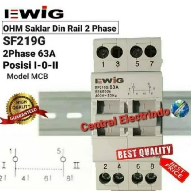 COS Change Over Switch Ohm Saklar EWIG Din Rail 2Phase 63A Model MCB.