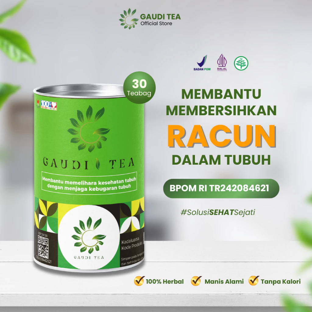 

GAUDI TEA Teh Kesehatan Herbal Detox | Teh Daun Kelor + Stevia + Mint | Isi 30 Kantong – BPOM Resmi
