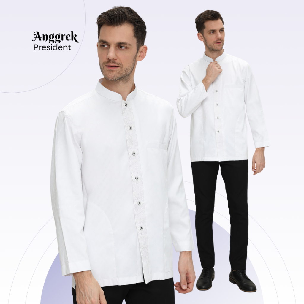 Anggrek President Baju Koko Pria Dewasa Muslim Putih Lengan Panjang Premium